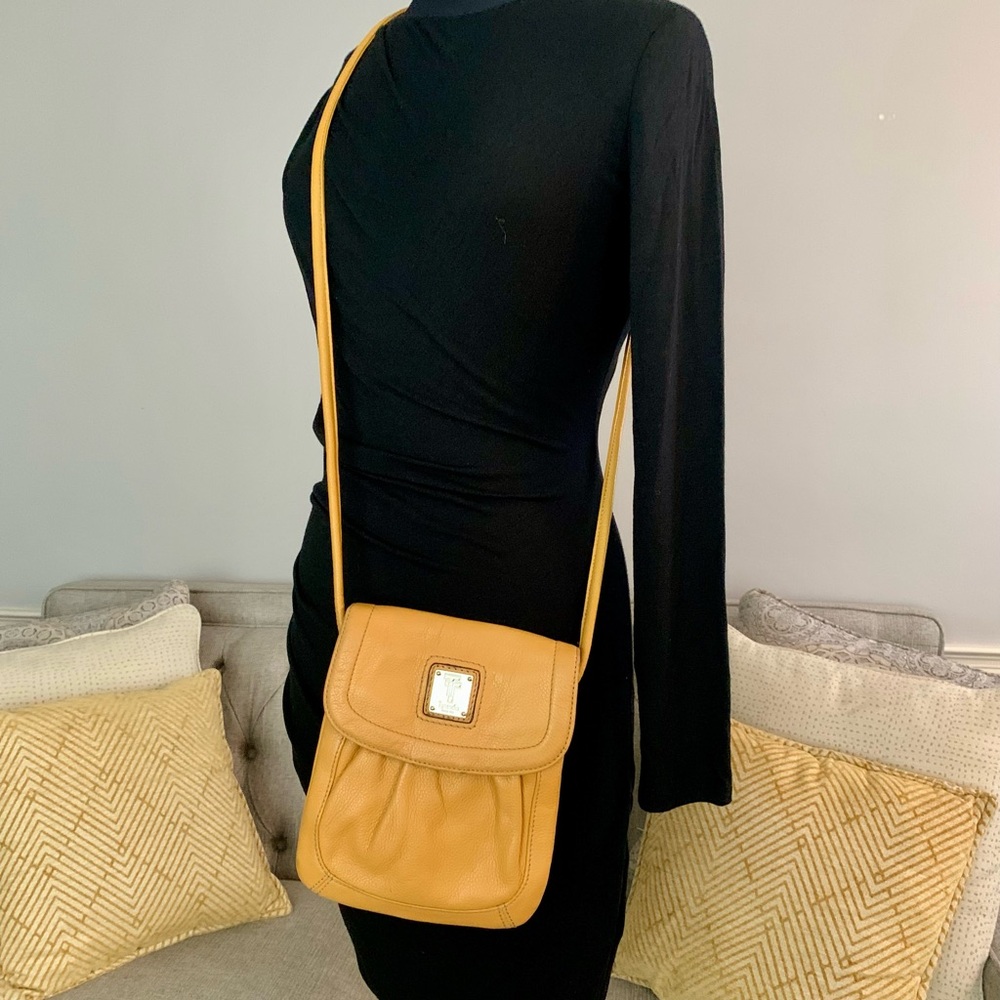 Tignanello Mustard Yellow Leather Flap Front Swing Crossbody Handbag